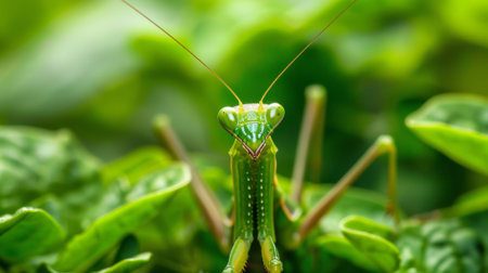 A closeup of a praying mantis blending in with the foliage of a vegetable garden waiting to prey on pestsの素材