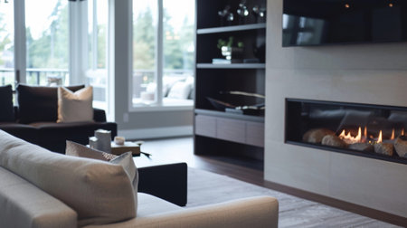 The stylish living room is complete with a sleek fireplace with a builtin TV blending technology and design seamlessly. 2d flat cartoonの素材