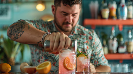 A bartender carefully measures out ingredients for a zeroalcohol mocktail creating a beautiful and refreshing beverageの素材