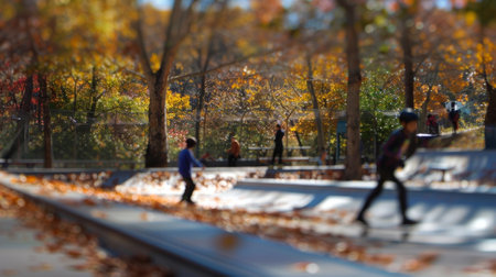 In the fall the Skate Park is transformed into a quiet oasis of muted hues. The defocused leaves and foliage provide a rich backdrop of deep greens and browns while the skaters movementsの素材