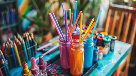A set of colorful markers paintbrushes and stencils laid out on a table ready for participants to personalize their own cocktail glassesの素材