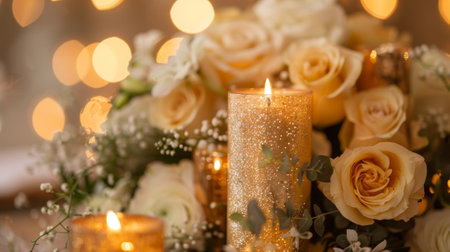 The soft glow of the candles reflects off the shiny metallic accents woven throughout the floral arrangements adding a touch of glamour to the workshop. 2d flat cartoonの素材