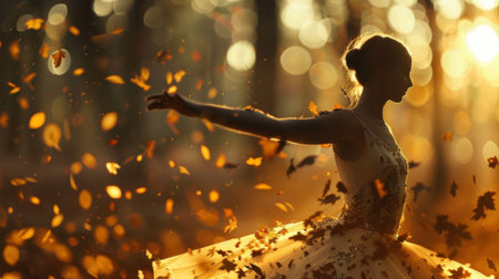 The hazy blurred backdrop of a forest filled with rustling leaves and flickering light creates a dreamlike setting for the graceful movements of a dancer.の素材