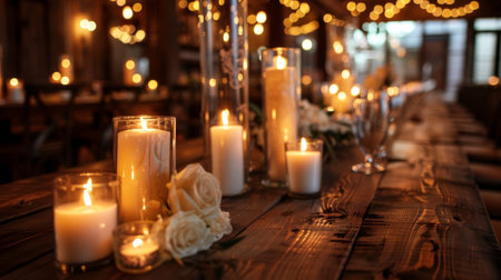 Rustic wooden tables are set up with elegant candle centerpieces creating a sophisticated yet downtoearth vibe. 2d flat cartoonの素材