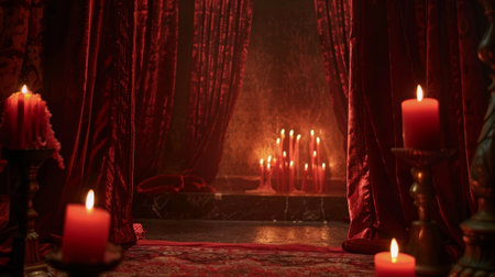 Deep red velvet curtains framing the candlelit scene adding a touch of richness and romance. 2d flat cartoonの素材