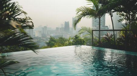 The busy cityscape recedes into a hazy backdrop as the lush oasis pool takes center stage in the foreground.の素材