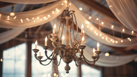 A vintage chandelier hangs from the ceiling adorned with cascading candles and adding a touch of elegance to the space. 2d flat cartoonの素材