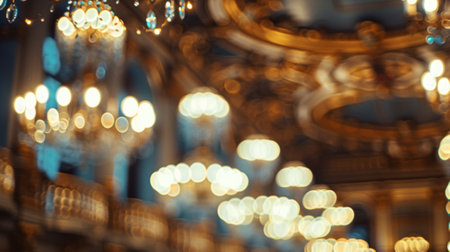 The majestic chandeliers and soaring ceilings of the grand opera house are captured in a dreamlike state in this defocused photograph adding an ethereal element to its impressive magnificence.の素材