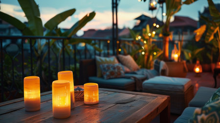 The rooftop is transformed into a peaceful sanctuary as the candles create a gentle and calming atmosphere. 2d flat cartoonの素材