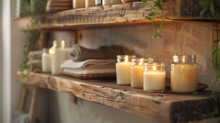 Rustic wooden shelves are filled with jars of candles filling the bathroom with a warm honeyscented glow. The candles paired with the natural wood elements create a 2d flat cartoonの素材