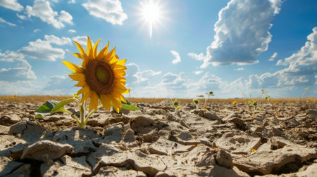 A picture of a sunflower withering under the scorching sun coupled with the statistic that shows the decline of bees due to changing climate highlighting the interconnectedness of allの素材