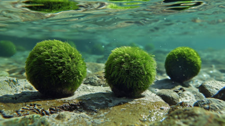 Some moss balls form tight s bonded together as they roll along the lake floorの素材