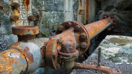 Rusty pipes protruding from an abandoned pump house no longer bringing water to the mineshaftの素材