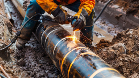A specialized welding machine is used to repair the damaged pipelineの素材