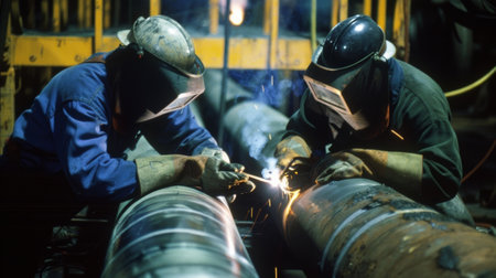 Two workers carefully weld together sections of pipe their faces obscured by protective masksの素材