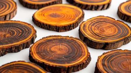A set of coasters made from slices of a fallen tree displaying unique wood grain patternsの素材