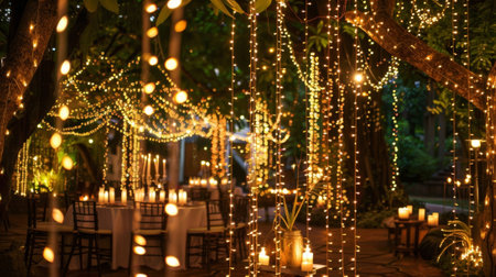 Strings of fairy lights d from the ceiling giving off a soft glow that adds an enchanting touch to the candlelit area. 2d flat cartoonの素材