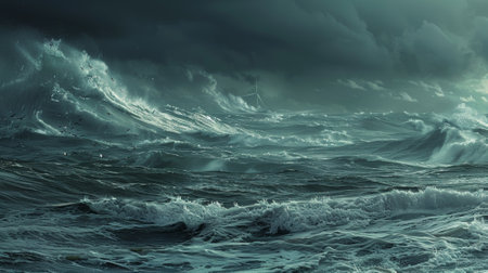 A stormy sea with large waves and a lone wave converter standing strong ast the chaos showcasing the durability and resilience of these devicesの素材