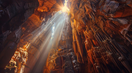 The sunlight streaming through the gaps between the organ pipes casting an ethereal glow and highlighting the natural beauty of the formationの素材