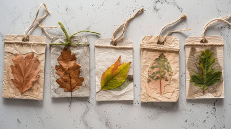 A collection of handmade gift tags from recycled paper dressed up with natural twine and pressed leaves.の素材