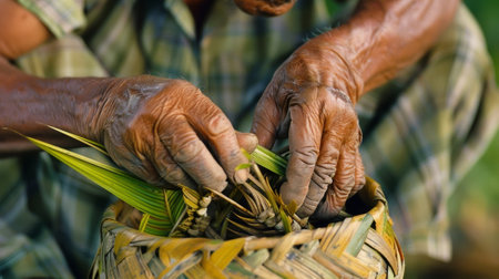 An elderly man expertly weaves palm fronds together to create a coneshaped basket used for collecting fresh herbs and es from the local forestの素材