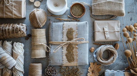 A flat lay of various ecofriendly gift wrapping materials including seed paper burlap and cotton ribbonsの素材