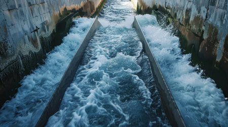 The powerful rush of water through a narrow channel is harnessed by a tidal energy converter converting it into a source of sustainable energyの素材