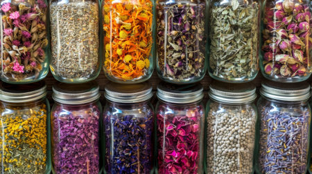 A closeup of a variety of dried herbs and flowers neatly displayed in jars and labeled with their corresponding namesの素材