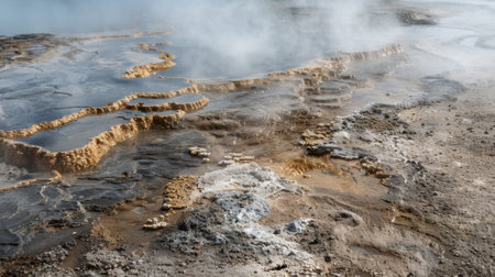 A closeup of a mysterious hot spring the ground around it bubbling and releasing steam into the airの素材