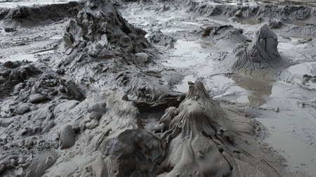A muddy rocky landscape featuring both active and inactive mud volcanoes of various shapes and sizesの素材