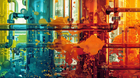 Brightly colored liquids flow through a network of pipes undergoing various chemical reactionsの素材