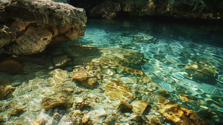 The crystal clear water of a cenote tinged with a hazy blur where the halocline beginsの素材