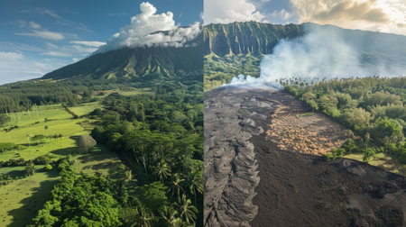 A beforeandafter comparison of a landscape with one side showing lush greenery and the other side scorched and buried by a pyroclastic flowの素材