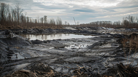 The haunting sight of ponds filled with coal ash waste a stark reminder of the environmental impact of coal powerの素材