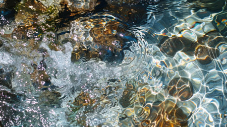 A closeup of the crystal clear water in a small melt pond revealing small fish and other sea creatures swimming belowの素材