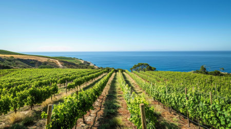 The tour culminates in a stunning view of the vineyard with the crystal blue ocean in the backdropの素材