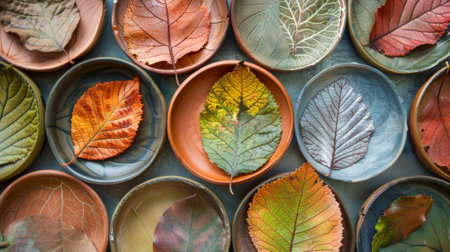 A collection of leaf imprint clay dishes showcasing different colors and patterns from the various leaves used.の素材