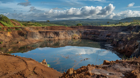 The landscape dotted with deep manmade craters from previous bauxite mining activities now filled with water creating reflecting poolsの素材