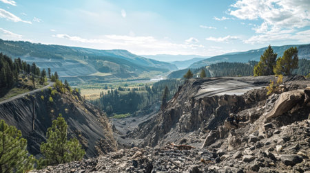 A scenic overlook with a breathtaking view now disrupted by a recent landslide that has shifted the landscape and caused destruction belowの素材