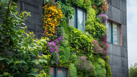 The industrial exterior of this building is softened by a living wall made of cascading greenery and colorful blossomsの素材