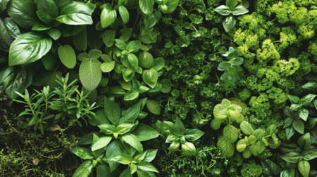 The menu cover features a lush green garden with a variety of herbs and es inviting guests to indulge in the freshness of their dishes.の素材