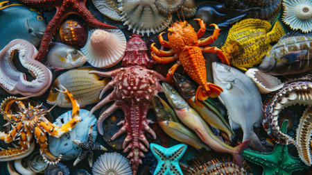A variety of colorful marine life lay on display evidence of a successful days work for the local fishermanの素材