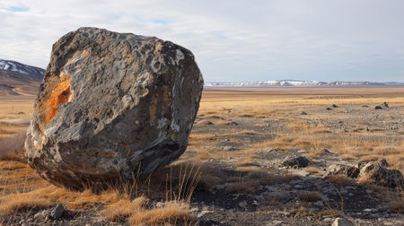 A weathered boulder standing in the middle of a barren windswept plain its stoic presence a testament to the harshness of the environmentの素材