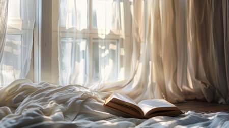 A cozy reading nook with billowing curtains providing the perfect setting for getting lost in a good bookの素材