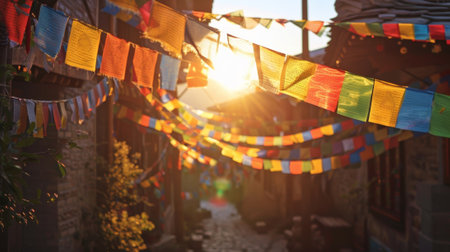 In a remote village a community of brightly colored prayer flags adorning the streets bringing a sense of unity and hopeの素材
