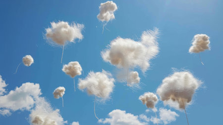 Woolen clouds floating in a clear blue sky giving the illusion of weightlessnessの素材