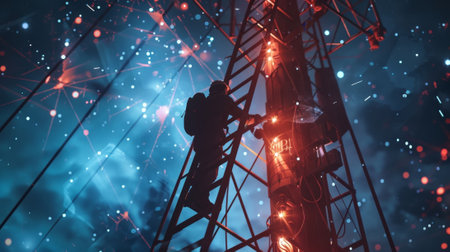 A technician standing on a ladder connecting wires to a metal tower that will soon house 5G equipmentの素材