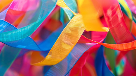 A closeup shot of a kites tail made up of colorful streamers all connected to create a stunning and unique designの素材