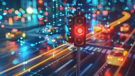 A network of smart traffic lights that use 5G connectivity to communicate with vehicles and optimize traffic flow reducing congestionの素材
