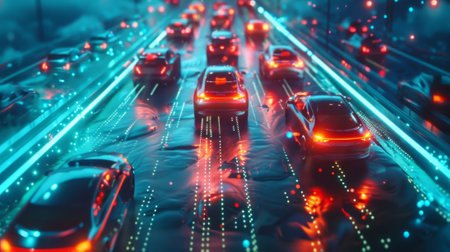 A fleet of autonomous vehicles communicating with each other through a highspeed 6G IoT network to avoid accidents and improve navigationの素材